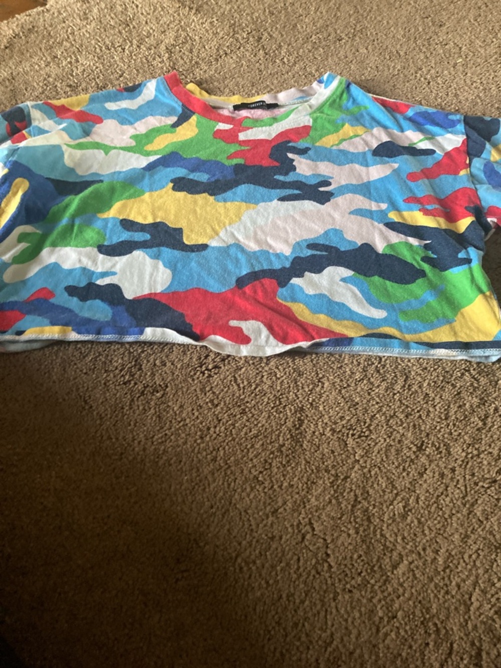 Forever 21 woman’s  Bright Multicolor Camo Tee crop shirt